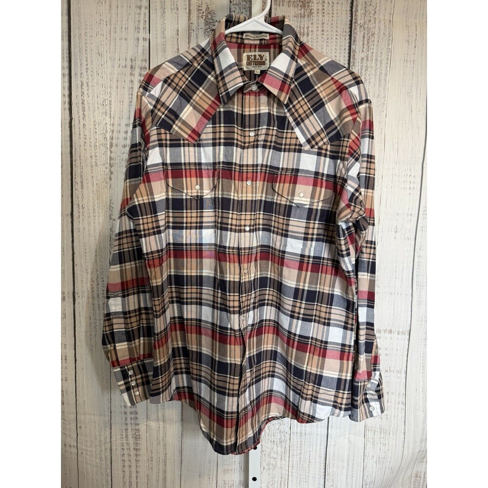 Ely Cattleman Men’s Shirt Large Pearl Snap Button Down Plaid Wrinkle Resistant